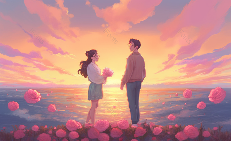 唯美浪漫情侣扁平卡通风海边男女送花手绘插画小清新分格,插画/手绘图,插画/手绘图库,插画/手绘图下载,插画/手绘